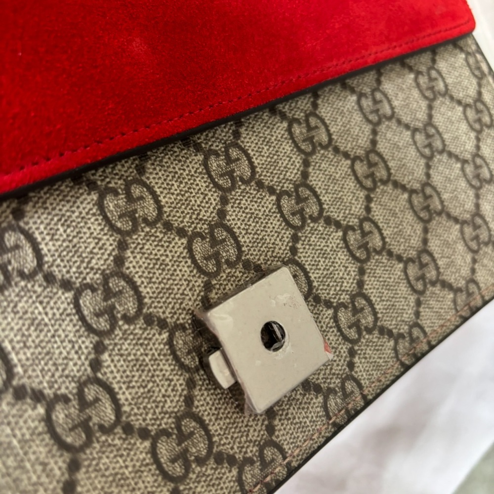 Designer Inspired G G Supreme Shoulder Bag in Brown Monogram with Red Suede - Picture 11 of 14